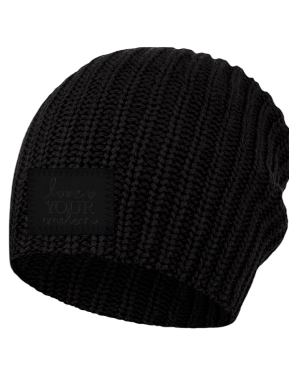 NWOT : Love Your Melon - Women’s Black Beanie w Black Leather Patch Cotton Knit